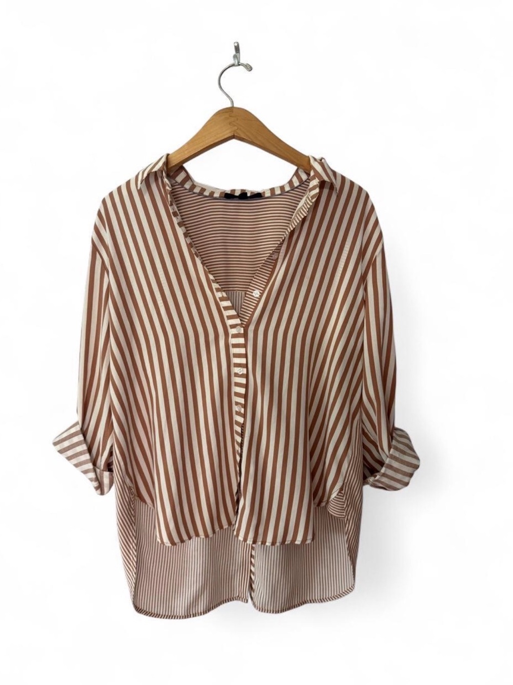 Jane and Delancey Cream & Brown Vertical Stripe Button-Up Blouse